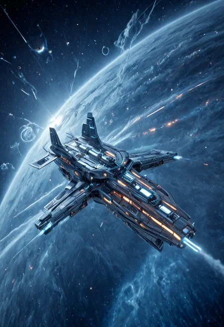 h0rr0rstyl3, CosmicStyle, mid-range orbital shot, sleek chrome spacecraft, corporate-controlled patrol vessels, retrofuturist designs, Cold War-era lines blended with alien engineering, rotating gravity rings, dynamic thruster arrays, flaring blue exhaust trails, soft-glow lighting under sensor domes, neon-coded serial markings, symmetry, drifting past swirling nebula, interstellar corporate security, industrial sci-fi aesthetics, clean paneling with minimal distress, silent formation flight, strategic surveillance positions, dusk-light horizon shimmer