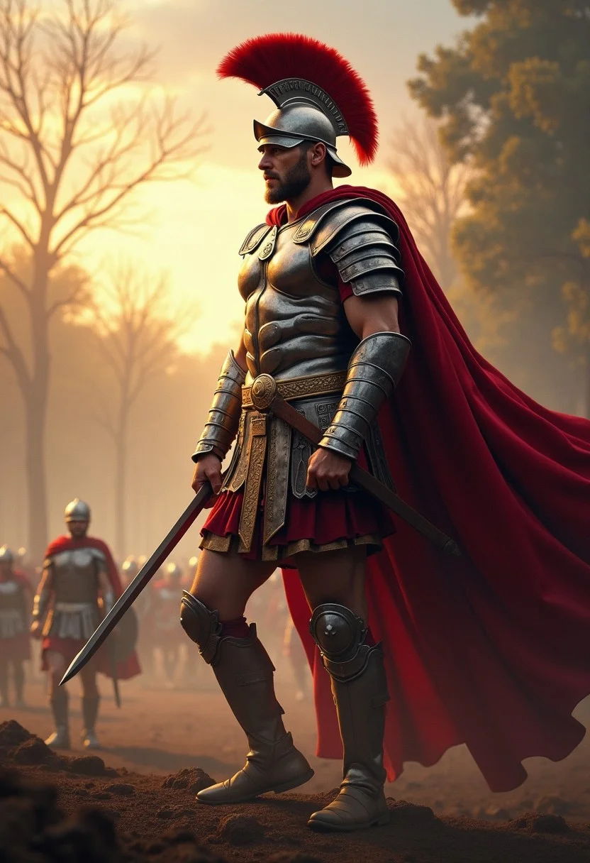 A powerful Roman Centurion in gleaming silver armor with a red plume helmet and a flowing red cloak, standing tall on a battlefield at dawn. He holds a Gladius ready for combat, with a determined expression. The background shows a misty, ancient forest, and hints of an approaching enemy. The scene is dynamic, intense, and highly detailed