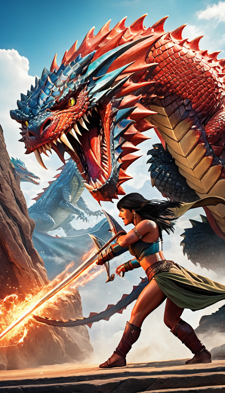 Colorful stunning female adventurer in exotic outfit fighting a giant majestic dangerous dragon, adventure, fantasy, science fiction, sci-fi, extremely beautiful piercing eyes, cinematic scene, hero view, action pose, scenery, detailed background, masterpiece, best quality, high quality, intricate, absurdres, very detailed, extremely high resolution, 8k, vivid, colorful, Greg Rutkowski <lora:greg_rutkowski_xl_v3:1>