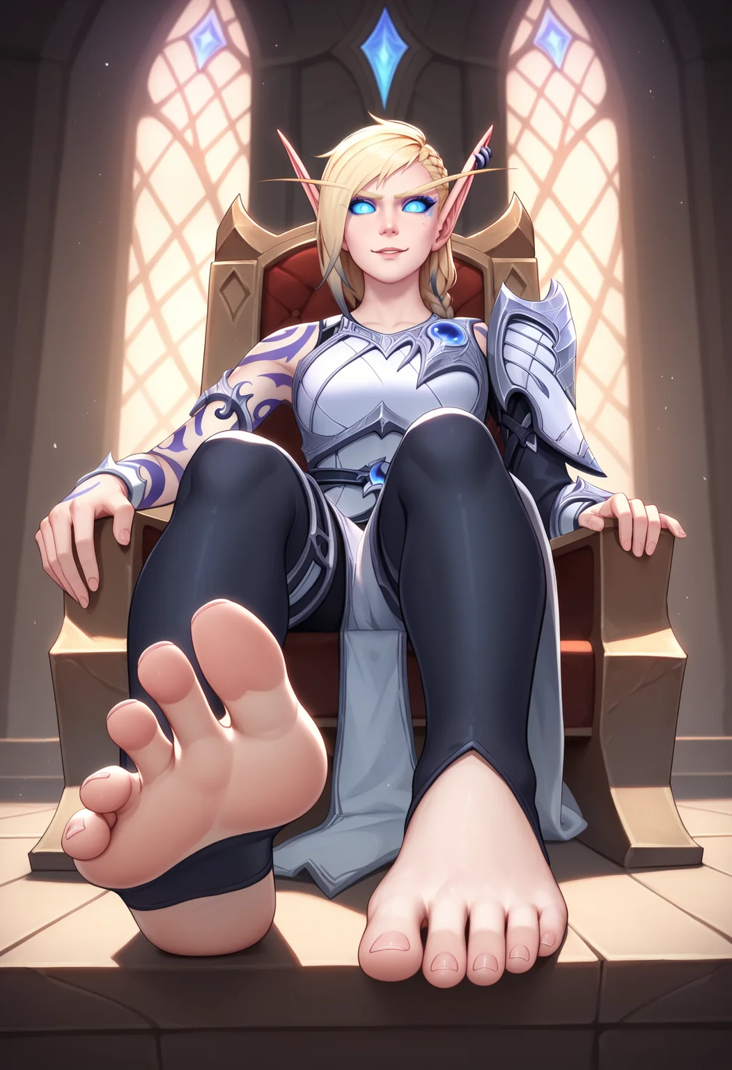 score_9, score_8_up, score_7_up, BREAK,
1girl, alleria sitting on a throne,
blonde hair, braid, long hair, blue eyes, blue sclera, earrings, elf, no pupils, pointy ears,
arm tattoo, armor, single pauldron,
smile, 
black stirrup stockings, toes,
indoors, looking at viewer,
presenting foot,
view from below, feet focus, [refraction|caustics|rim lights|backlighting|bloom]   <lora:AlleriaXL_byKonan:1>