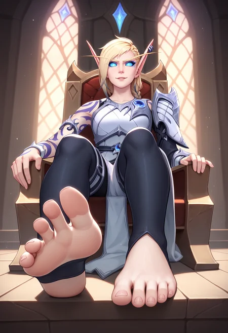 score_9, score_8_up, score_7_up, BREAK,
1girl, alleria sitting on a throne,
blonde hair, braid, long hair, blue eyes, blue sclera, earrings, elf, no pupils, pointy ears,
arm tattoo, armor, single pauldron,
smile, 
black stirrup stockings, toes,
indoors, looking at viewer,
presenting foot,
view from below, feet focus, [refraction|caustics|rim lights|backlighting|bloom]   <lora:AlleriaXL_byKonan:1>