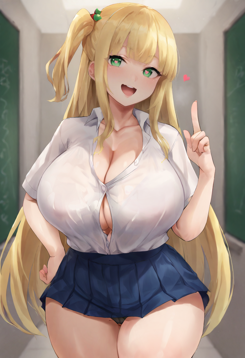 score_9, score_7_up,  1girl, 
huge breasts, wide hips, thick thighs, breasts, long hair, collared shirt, open mouth, blonde hair, blunt bangs, genderswap, very long hair, shirt, hair intakes, genderswap \(mtf\), heart-shaped pupils, shortstack, hand on own hip, school uniform, green eyes, finger gun, thighs, heart, skirt, curvy, miniskirt, cowboy shot, one side up, symbol-shaped pupils, partially unbuttoned, large breasts, :d, smile
 <lora:hotate-chan-Style-PonyXL-GLoRA-000046:1>