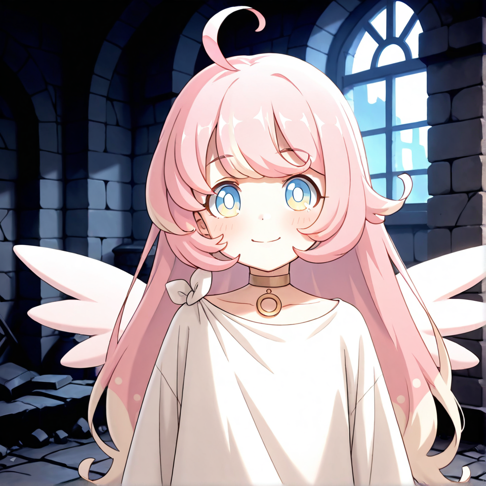 masterpiece, best quality, very aesthetic, absurdres, detailed, dungeon, ruins, break, raphy_(princess_connect), 1girl,long hair,pink hair,ahoge,multicolored hair,bangs,blue eyes,wings,white dress,choker