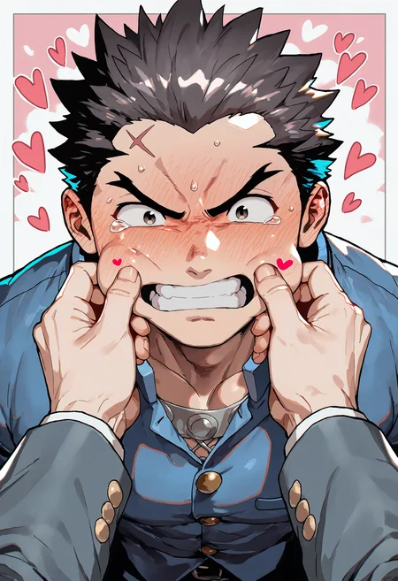masterpiece, best quality, newest, absurdres, highres, very awa, 1boy, male, male focus, ichimonji batsu, blue jacket, embarrassed, pov hands, cheek pinching, pov adoring, pov hands, angry, tearing up, heart, bara, muscular male