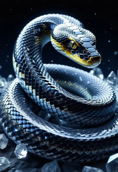 high quality, high resolution, extremely detailed, no humans, animal focus, snake, snake made of crystal, space