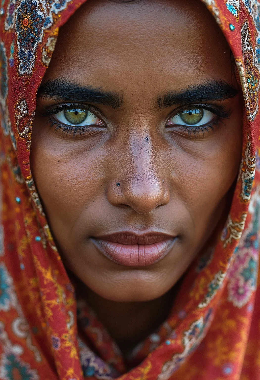A breathtaking work of fine art photography, inspired by the iconic style of Steve McCurry, portrays a powerful portrait of a young Indian woman with striking green eyes. This cultural snapshot captures the essence and humanity of its subject through emotive imagery that transcends mere documentation. Rich colors burst from every corner of the frame, as if harkening to the vivid textiles and warm tones typical of the region's culture. The image was captured on analog film, imbuing it with a natural grain reminiscent of Kodachrome film stock. Intricate details abound in this masterpiece â from the delicate patterns adorning the woman's traditional headdress to the subtle wrinkles around her eyes that speak volumes about her life and experiences. The image is insanely detailed, yet maintains an organic feel through its use of natural lighting and expert compositional techniques, evoking a sense of intimacy and connection with the subject. This award-winning photography showcases the power of film as a medium for capturing not just images, but moments steeped in emotion and human storytelling.