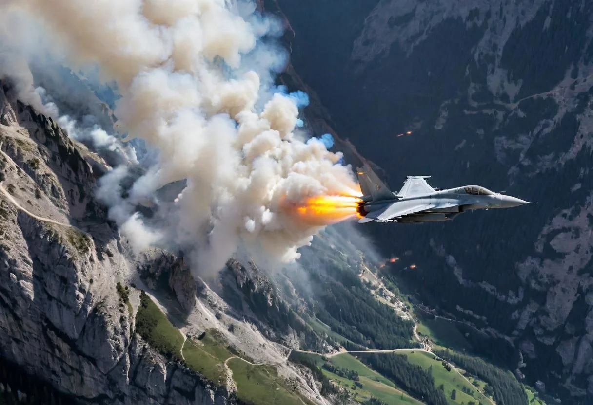 (Pilots flying the Euro Fighter jets between mountains), (displaying the low level flying capabilities of the Euro Fighter jets), hitting amazing speeds as the tilt and wind through the valleys and canyons, (view from side of euro fighter jets), (launching missiles with a stream of white vapors with flames), (a true display of military might power), (motion scenes), (pain staking attention to fine details of the jets) ,4k, surreal, (epic photography),