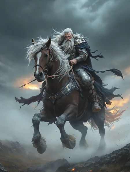 breathtaking detailed, masterpiece, absurdres, awe-inspiring, best quality, vibrant colors, nbn-odin, 1boy, beard, facial hair, male focus, horse, riding, horseback riding, cape, cloud, solo, grey hair, grey beard, odin, man, full body, fog, mountains<lora:sdxl_NBN-Odin.safetensors:0.8:0.8>