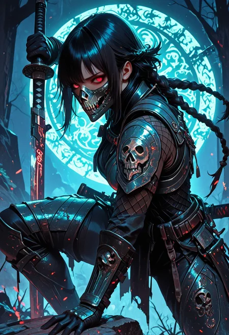 (masterpiece), (best quality), (8k), 1girl, cinematic lighting, dynamic action pose, highres, very detailed, amazing quality, masterpiece,
very aesthetic, intense,
particle effect,
1girl, samurai, solo, braided hair, layered samurai armor, engraved, bodysuit, tight clothing, fishnets, sleeveless, futuristic armor, runic symbols etched in armor, armored legs, full mask, halfmask, katana, red eyes, skulls, 
assassin theme, japan theme,
looking at viewer, tough pose, holding spear,
mountains, 
at night, night, close up, closeup,
