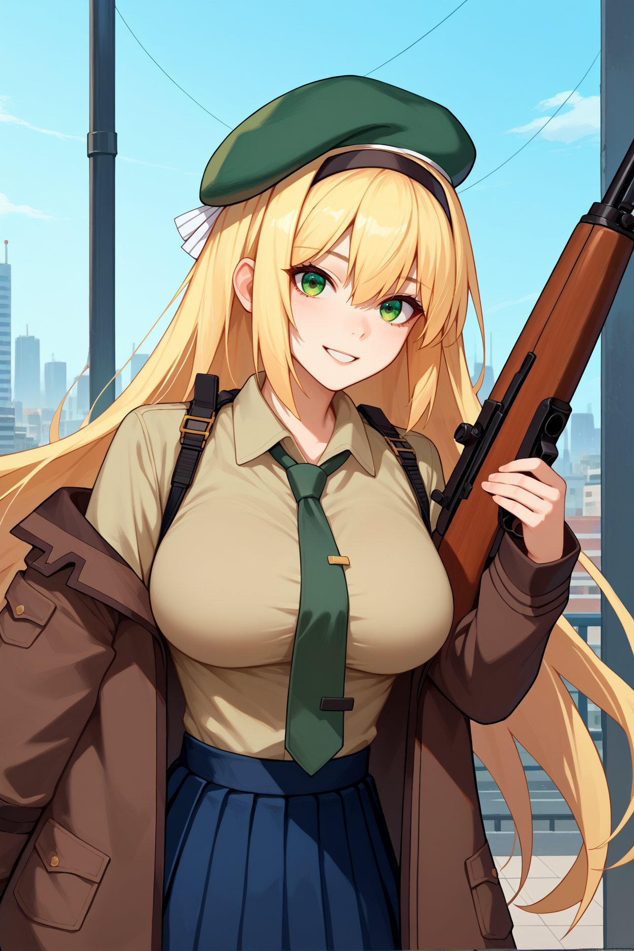 score_9, score_8_up, score_7_up, score_6_up, source_anime, 1girl, solo,   <lora:m1garand-pdxl-nvwls-v1-000005:1> gflm1, blonde hair, long hair, green eyes, beret, black hairband, green necktie, beige shirt, collared shirt, brown jacket, blue skirt, pleated skirt, black pantyhose, big breasts, upper body, portrait, looking at you, city, grey sky, light smile, holding m1 garand rifle