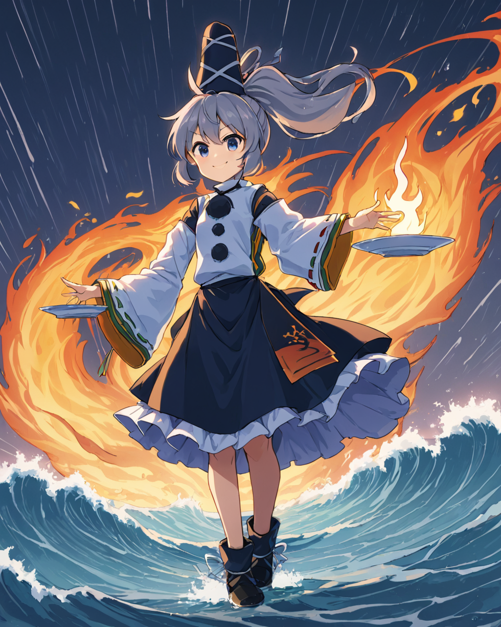 mononobe no futo,boat, 1girl, tate_eboshi, solo, ponytail, kariginu, smile, wide_sleeves, water, long_sleeves, fire, ribbon, ribbon-trimmed_sleeves, holding_plate, waves, rain, black_footwear, blue_skirt, closed_mouth, frilled_skirt, pom_pom_\(clothes\), black_headwear, black_skirt
<lora:mononobe_no_futo_image4909_2023-12-20-000007:1>,star-shaped_pupils,symbol-shaped_pupils,. gorgeous,key visual, vibrant, studio anime,award-winning, professional, highly detailed,high budget, cinemascope