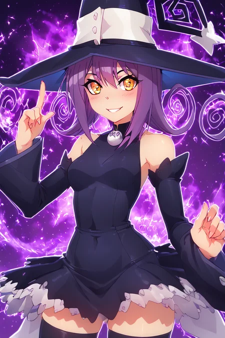 score_9, score_8_up, score_8, medium breasts, (curvy), cute, eyelashes, BREAK, , zzBlair, 1girl, solo, yellow eyes, purple hair, witch hat, witch, detached sleeves, black short dress, thighhighs, <lora:Blair_SoulEater_PDXL_v1:1.0>, , BREAK, (warm colors), smile, looking at viewer, cowboy shot, ,,, embedding:zPDXL, Expressiveh, ,,, <lora:PrismaIllya_PDXL_v3:1.0>, <lora:SDXLFaeTastic2400:0.5>, <lora:Expressive_H-000001:0.4>,