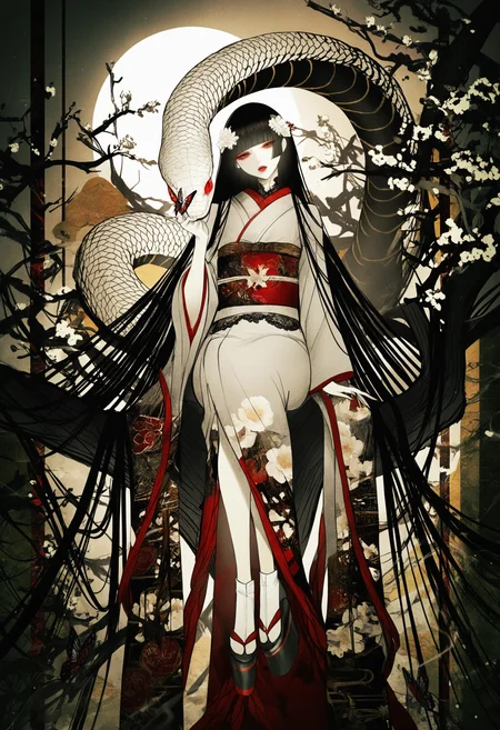 1girl, japanese clothes, kimono, long hair, black hair, moon, flower, solo, absurdly long hair, very long hair, hair ornament, butterfly, bug, full moon, red eyes, red lips, hair flower, tree, blunt bangs, sitting, floral print kimono, geta, snake, in tree, pale skin, sash, butterfly on hand, obi, branch, makeup, night, grey kimono, full body, hime cut, wide sleeves, bare tree, eastern dragon, print kimono, long sleeves, dragon, sandals, fog, white flower, okobo, lipstick, seigaiha, scales, white snake, shippou \(pattern\), floral print, nature, white kimono, sitting in tree, parted lips, tabi, outdoors, BREAK,highres,absurdres,masterpiece,newest,best quality,Visual impact,very awa,very aesthetic,amazing quality