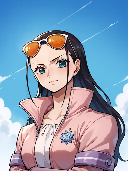 score_9, score_8_up, score_7_up, score_6_up, score_5_up, score_4_up, BREAK, source_anime, 1girl, nico robin, nicostampede wearing a coat with a white short dress and sunglasses on head, black hair, long hair, blue eyes, pink boots,
upper body, looking at viewer, simple background <lora:NicoRobinXL:1>