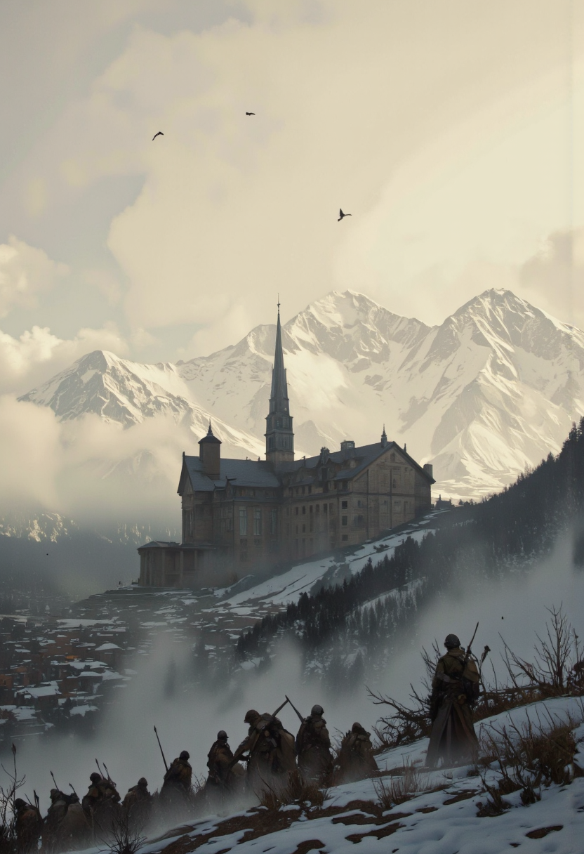Art by Richard Anderson. A digital illustration shoot from a bird's eye view about a futuristic landscape featuring a large, imposing building surrounded by snow-capped mountains under a cloudy sky. the image also shows a distant cityscape with a distant mountain range covered in snow. on the left side of the image, a group of armored soldiers can be seen standing in a mountainous landscape. the soldiers are positioned in the foreground, facing away from the camera, and appear to be engaged in a battle. in the background, there is a large building with a tall tower and a sloping roof, set against a backdrop of snow-covered mountains. the scene is set in a foggy, mountainous landscape with a few birds flying in the sky, adding to the dramatic atmosphere. the overall mood is ominous and dramatic, with a sense of foreboding.