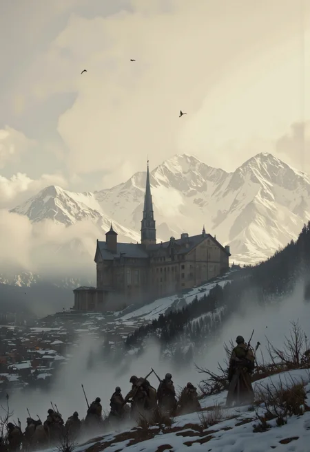 Art by Richard Anderson. A digital illustration shoot from a bird's eye view about a futuristic landscape featuring a large, imposing building surrounded by snow-capped mountains under a cloudy sky. the image also shows a distant cityscape with a distant mountain range covered in snow. on the left side of the image, a group of armored soldiers can be seen standing in a mountainous landscape. the soldiers are positioned in the foreground, facing away from the camera, and appear to be engaged in a battle. in the background, there is a large building with a tall tower and a sloping roof, set against a backdrop of snow-covered mountains. the scene is set in a foggy, mountainous landscape with a few birds flying in the sky, adding to the dramatic atmosphere. the overall mood is ominous and dramatic, with a sense of foreboding.