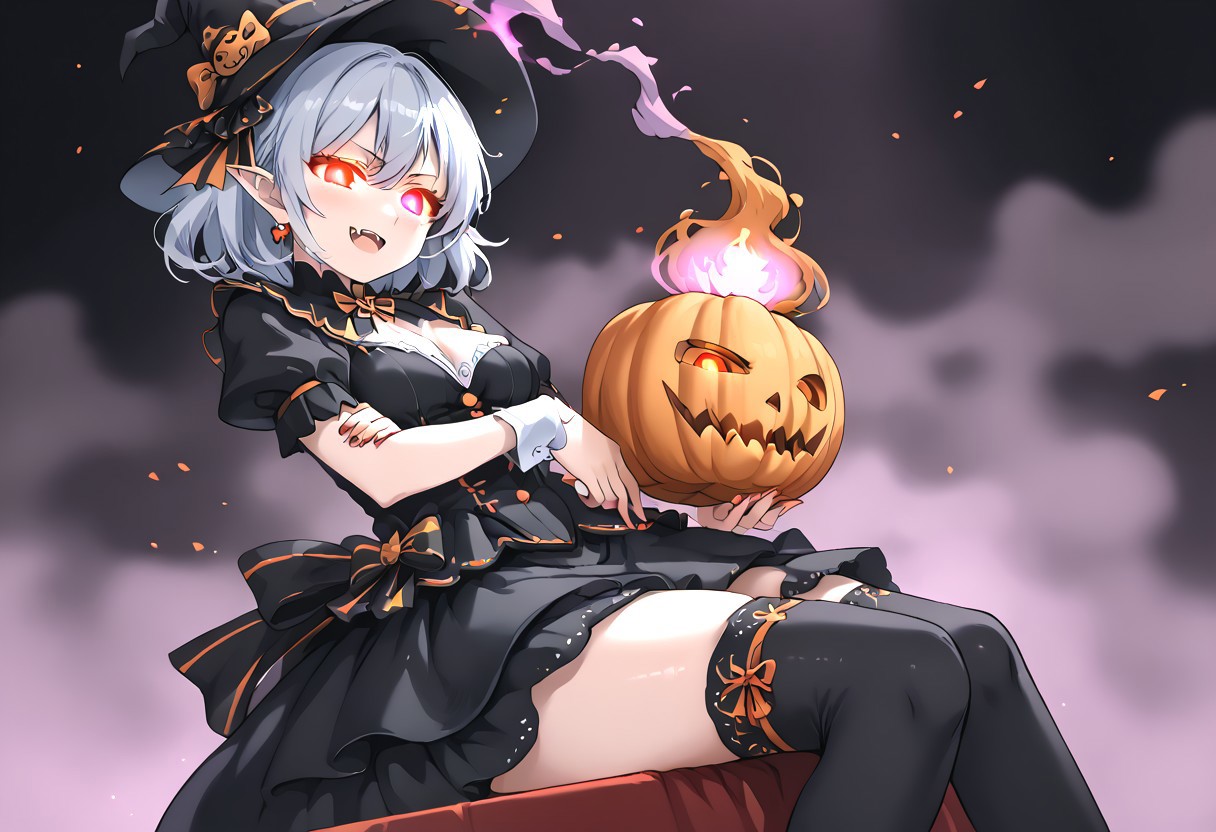 (masterpiece), (score_9, score_8_up, score_7_up,source_anime), 4K8K, 
(from below), misty, steam, fog, Floating Halloween pumpkins, 
halloween, halloween fantasy, 
pumpkin head woman, Pumpkinhead, Sitting on a throne, (solo), (Glossy skin, pale skin:1.3),  (crossed arm, hold stick), burning pumpkin, (dark aura:1.4), (smirk, half-opened mouth, Canine, tooth, fang1.2), 
(medium figure:0.9), (pointy breasts:1.1), 
(glowing eyes), 
(wearing vampire cos, dress, makeup, red and black dress, Miniature Hats, zettai ryouiki, thighhighs:1.2), 
(emperor's audience room, dark room:1.3), elf ears,