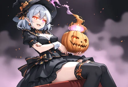 (masterpiece), (score_9, score_8_up, score_7_up,source_anime), 4K8K,
(from below), misty, steam, fog, Floating Halloween pumpkins,
halloween, halloween fantasy,
pumpkin head woman, Pumpkinhead, Sitting on a throne, (solo), (Glossy skin, pale skin:1.3), (crossed arm, hold stick), burning pumpkin, (dark aura:1.4), (smirk, half-opened mouth, Canine, tooth, fang1.2),
(medium figure:0.9), (pointy breasts:1.1),
(glowing eyes),
(wearing vampire cos, dress, makeup, red and black dress, Miniature Hats, zettai ryouiki, thighhighs:1.2),
(emperor's audience room, dark room:1.3), elf ears,
