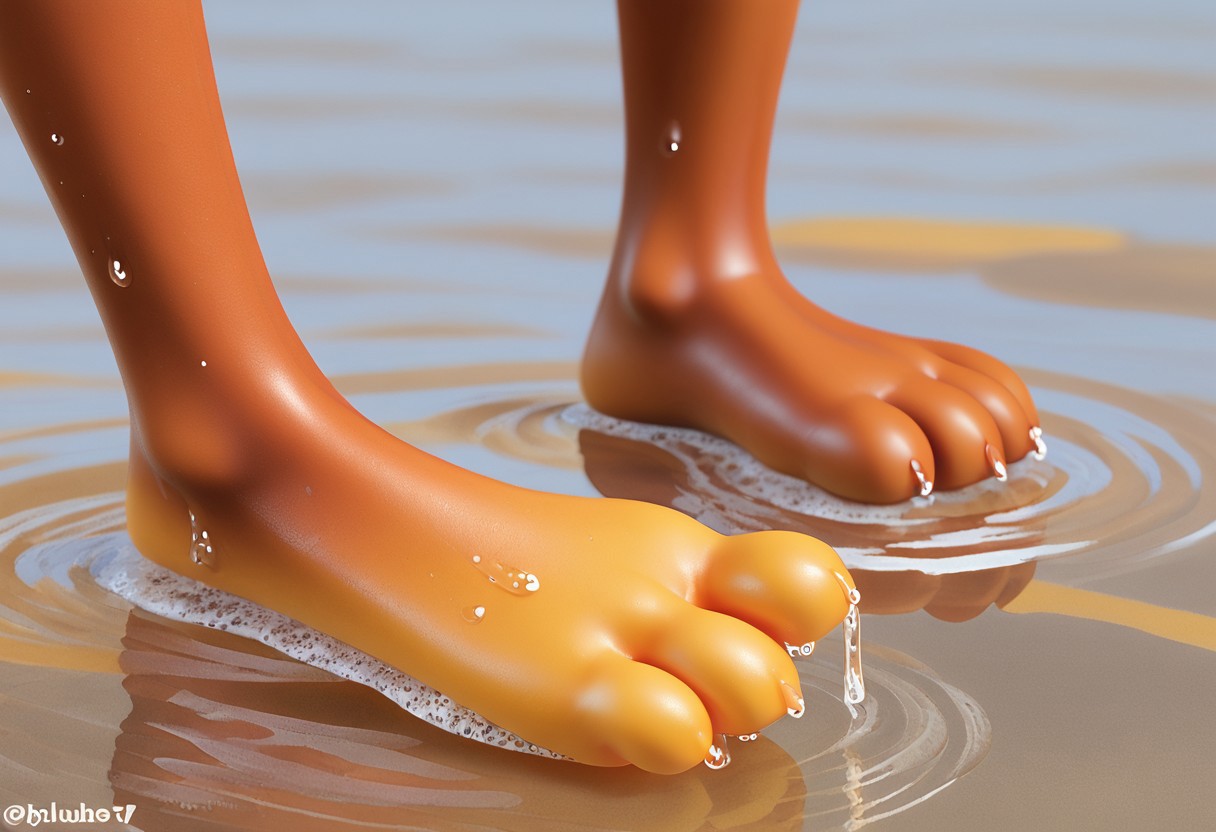 Bubsy, bob cat, barefoot, brown feet, yellow soles, foot focus, 3 toes, wet on feet, water, close up