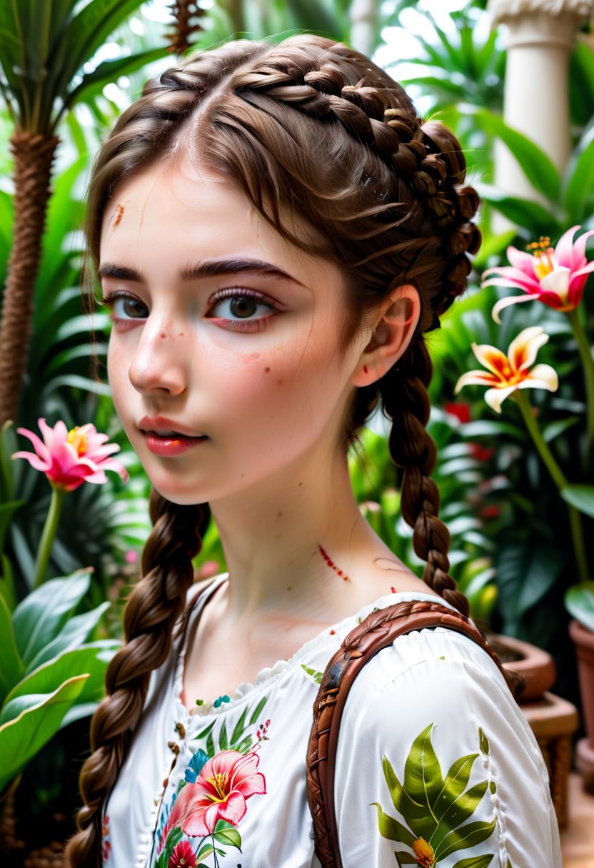 luc14nn4 takes a selfie at a botannical garden in singapore. Wearing her hair in a side-braid, wearing a tourist singapore shirt. Surrounded by flowers and exotic plants