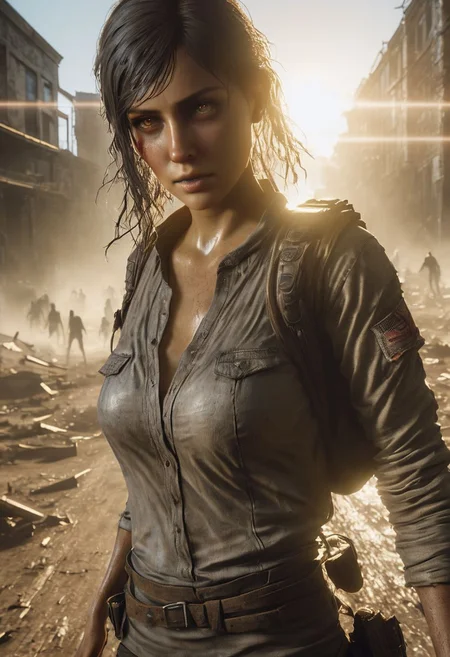 Graphics Unreal Engine 5, 3D Modeling,fullbody a Character woman,showhot,scene walking dead, platinum, ultra hdr, ghostly beauty, windy, raw photo, reflection, lighting, intricately detailed, digital art, high detail, 4k resolution, thin clothes with a dramatic camera angle, dynamic motion blur, lens flares,