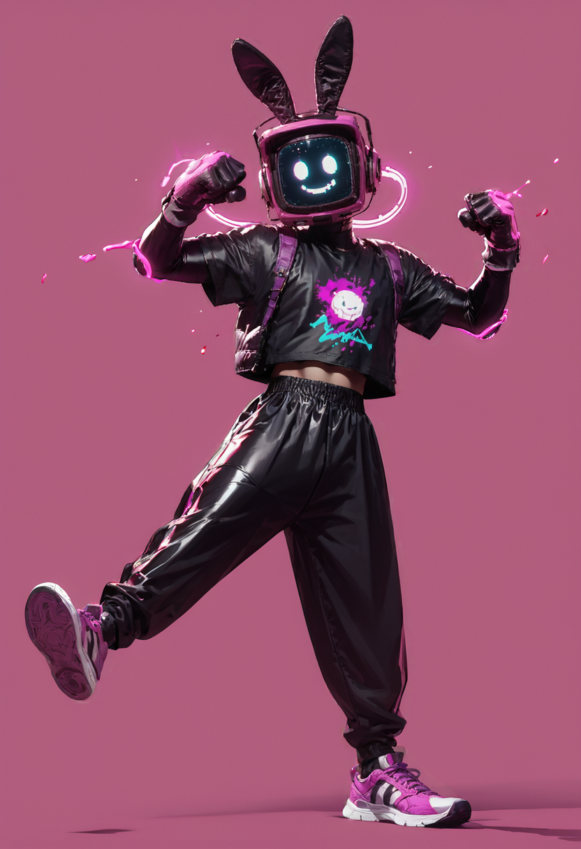(score_9, score_8_up), score_7_up, 1boy, solo, simple background, pink purple background, side view, kick, glowing, bunny ears, urban street wear, hands up, dancing, back pack, baggy clothing, sneakers, over sized gloves, latex gloves, screenface, screen head, simple face, smile, looking at viewer, blood splatter, blood <lora:Screen_Face:0.7>