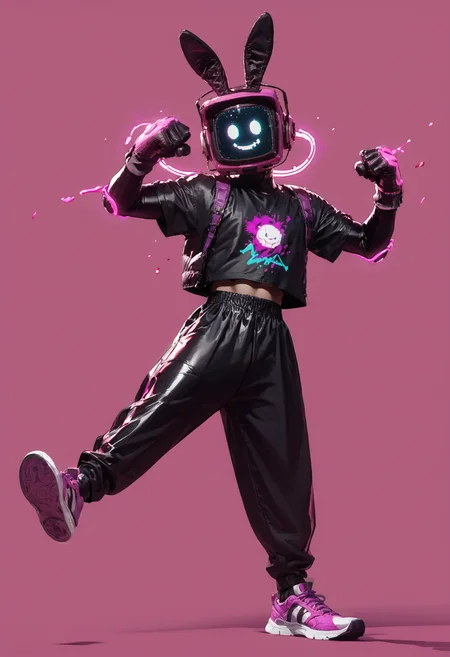 (score_9, score_8_up), score_7_up, 1boy, solo, simple background, pink purple background, side view, kick, glowing, bunny ears, urban street wear, hands up, dancing, back pack, baggy clothing, sneakers, over sized gloves, latex gloves, screenface, screen head, simple face, smile, looking at viewer, blood splatter, blood <lora:Screen_Face:0.7>