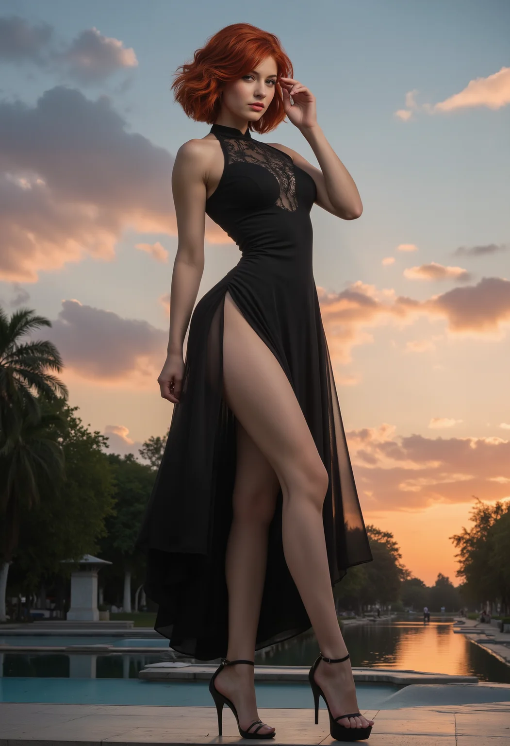 RAW-Photo of The most-beautiful girl in the world, short red-hair, (extremely slender-long-legs:1.4), elegant black evening-dress, gracefully posing, beautiful park, perfect-sunset, (hyperrealistic:1.3), (photorealistic:1.3), (8k:1.3), (UHD:1.3), (intricate details:1.3)