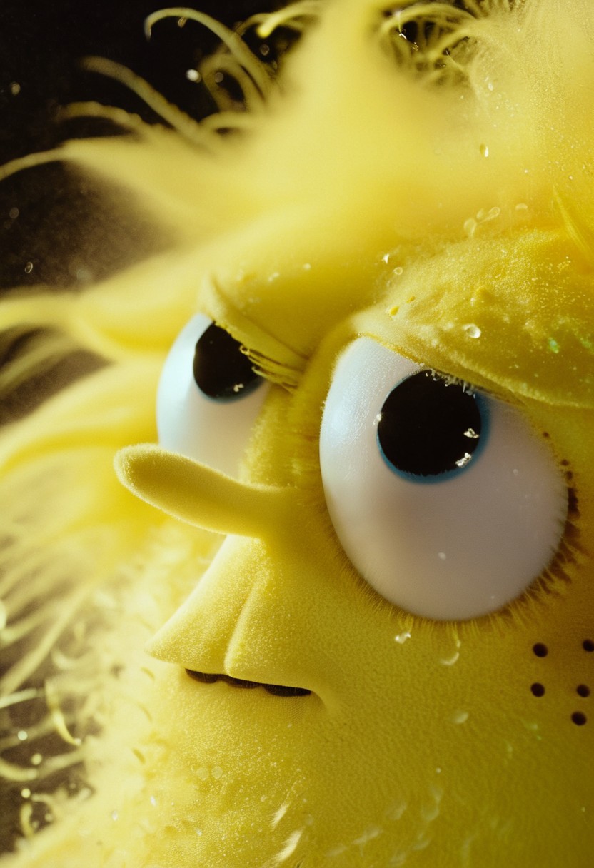 pop art, floating dust particles, visible dust in light rays, vintage dusty atmosphere, cinematic quality, closeup, a glamour shot of SpongeBob, scenery, glowing eye, wild mane, monochrome Sin City styled duotoned color graded, deep Blacks, very detailed, atmospheric haze, Film grain, cinematic film still, shallow depth of field, highly detailed, high budget, cinemascope, moody, epic, Like a DonMS4kur4XL blossom Rain but its ash,