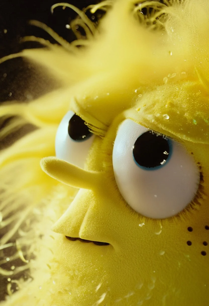 pop art, floating dust particles, visible dust in light rays, vintage dusty atmosphere, cinematic quality, closeup, a glamour shot of SpongeBob, scenery, glowing eye, wild mane, monochrome Sin City styled duotoned color graded, deep Blacks, very detailed, atmospheric haze, Film grain, cinematic film still, shallow depth of field, highly detailed, high budget, cinemascope, moody, epic, Like a DonMS4kur4XL blossom Rain but its ash,