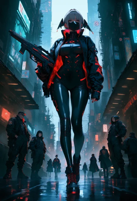 Techwear fashion masterpiece,high score,great score,absurdres, a woman in a leather outfit holding a gun in her hand and pointing it at the camera with a city in the background [24],<lora:matr1xg0th :1>,(matr1xg0th, m0tr1xbl0d3r0nn3r, realistic, tech wear, cyberpunk art, afrofuturism, Chizuko Yoshida, Christian Hilfgott Brand, gothic art),orphism [2],suit [1], .  . Futuristic, cyberpunk, urban, tactical, sleek, dark, highly detailed