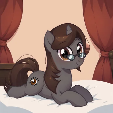 masterpiece, perfect detail, best high quality, source_pony, show accurate, cute, 1girl, solo, female, oc:sonata, glasses, pony, full body, butt, tail, laying on stomach, laying on bed, bed, bedroom, smile, closed mouth, beautiful, looking at viewer, score_9, score_8_up, score_7_up, score_6_up, score_5_up, score_4_up
