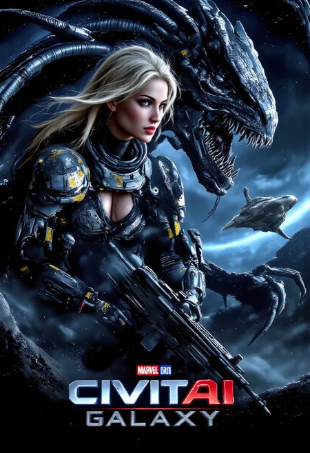 cinematic, ultra realistic, ultra detailed, Design a digital painting movie poster for 'CivitAI Galaxy' a space horror movie set on an alien planet. The poster features an upper body shot of a blonde wavy short haired female astronaut in a sci-fi space suit without helmet, holding a sci-fi rifle, looking at viewer, frozen in terror as an intimidating otherworldly alien monstrosity looming in shadow behind her. The focus is on the heroine, whose space suit wide open at neck reveals her clevage covered a black lace bra. The alien creature is barely visible with its disproportionately huge and elongated T-REX like head with multiple eye sockets but no eye ball, horns and grotesque tentacles growing around its neck, and multiple sets of elongated dinosaur-like arms showing distorted images of Lovecraftian cosmic horror. Its mouth is open wide, showing multiple rows of shark-like teeth. The background is a dark outer space with ominous colors, a futuristic spaceship floating, indicating there's no help for the heroine. The title 'CivitAI Galaxy' is in black texts with light blue frame below the monster. The color scheme is entirely light blue and dark blue, with sharp contrasts between light and dark enhancing the film's tense and horrifying atmosphere of hopelessness.
