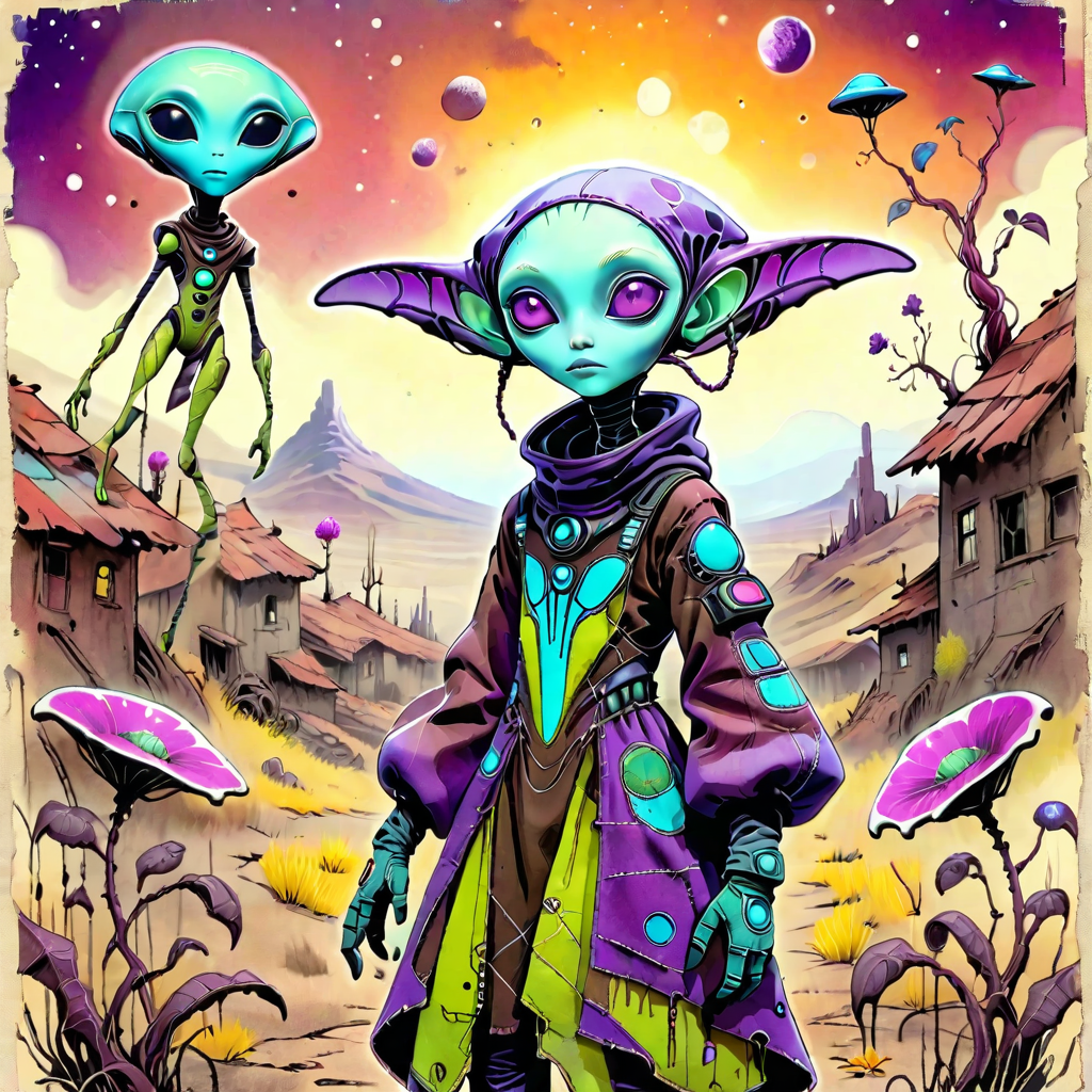 cheyenne, animist, dpmpp2msde karras, alien female, Hand-stitched gloves and patched fabric details, Vibrant color contrast with muted tones, Tilted lens for dreamy perspective, Hand-drawn lines resembling an animated sketch, Rustic Sci-Fi Earthtones alien_wanderer, <lora:artfully_YOUNGALIEN_SDXL:0.8>,