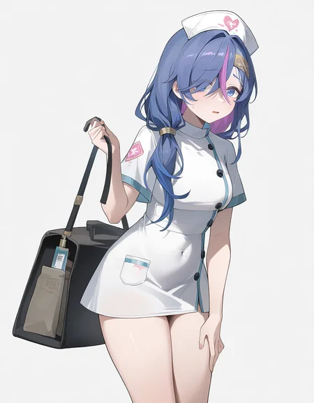 bunchi,white background,simple background,nurse,nurse_cap,holding_bag,thighs,
<lora:xingyi_noob:0.7>,xingyi,1girl,solo,blue hair,blue eyes,multicolored hair,streaked hair,bangs,purple hair,pink hair,
masterpiece,best quality,very aesthetic,absurdres,