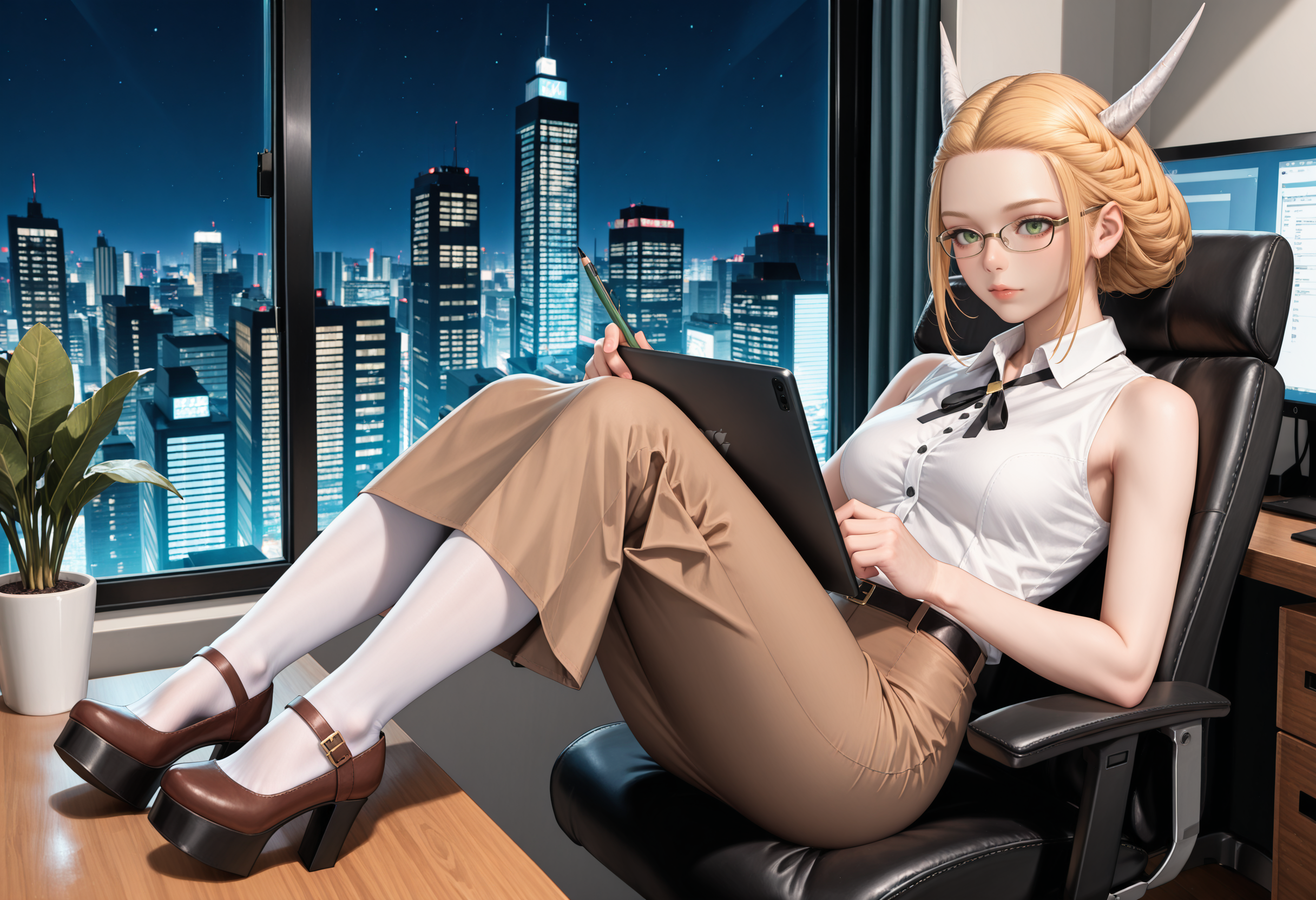 masterpiece, best quality, absurdres, highres, newest, <lora:cfg_scale_boost:.7>,full body, office, window, cityscape, night, holding tablet pc, medium breasts, , sitting, monitor, reclining, feet on table, brown high heels, platform footwear, brown skirt, collared shirt,
<lora:Kan_E_Senna_IL:1> kane, blonde hair, medium hair, updo, braid,  green eyes, white horns, glasses, white shirt, neck ribbon, ((pencil skirt, long skirt):1.5),white pantyhose, sleeveless,  writing, stylus, holding, thinking, looking at tablet, belt, jewelry, desk, potted plant,
looking at viewer,office chair, hips
complex composition, detailed eyes, detailed body, ultra detailed, masterpiece, best quality, amazing quality, very aesthetic, realistic, photorealistic,