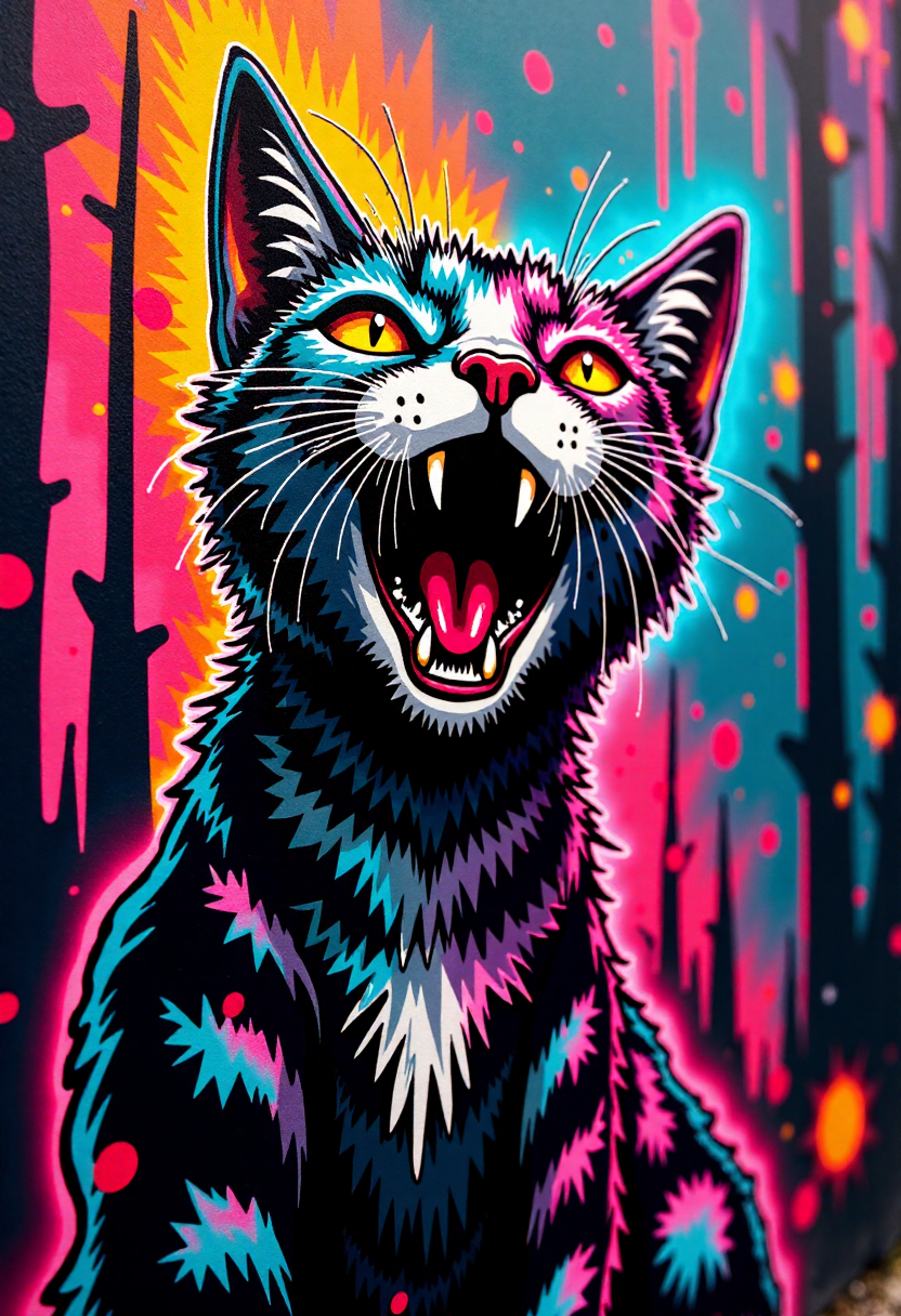 <lora:Graffiti_Characters2_FLUX-000011 (1):0.9>
This is a vibrant, stylized digital drawing set against a dramatic, abstract background, of a  an angry cat hissing
