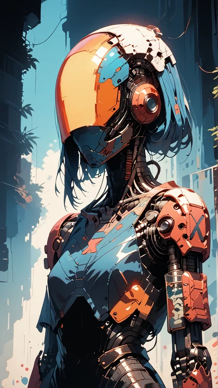 score_8_up, score_7_up, <lora:Hyper-Robot_ponyXL_LOREVER:0.7> hyperobot, cyberpunk, reflective, chromed robot joints, perfect contrasts, keep details in shadows, integral helmet