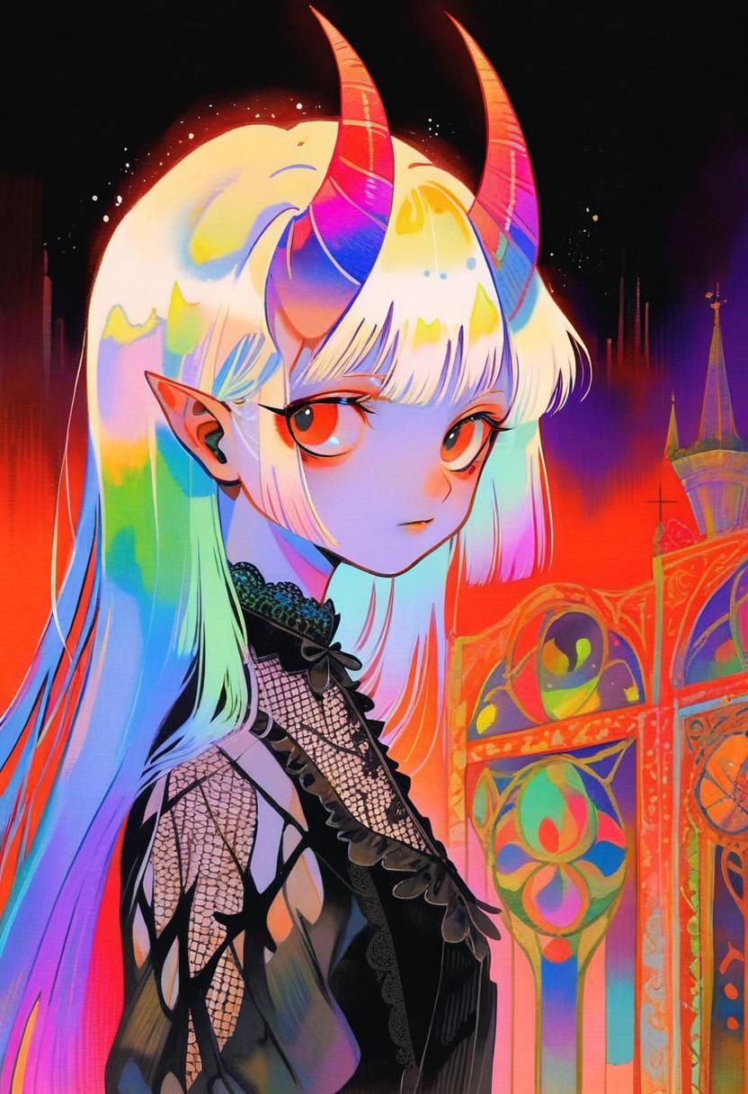 by tsubonari, by demizu posuka watercolor pale demon girl , prismatic coloring, holographic vibe, chromatic black lace blouse, gothic background, (long straight horns:1.2)