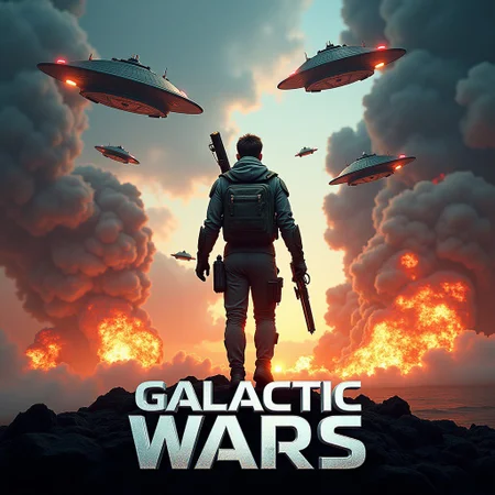 A sci-fi action poster with a heroic figure in the foreground, standing against a backdrop of explosions and futuristic spaceships flying overhead. The figure holds a glowing weapon. The only text displayed is “GALACTIC WARS” and is bold and metallic, with sharp edges, reflecting the high-tech, gritty aesthetic, movie poster, sci-fi, action, explosions, futuristic, hero, metallic text, spaceships, invasion, bold typography, cinematic,