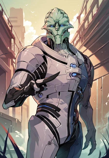 score_9, score_8_up, score_7_up, mass effect, BREAK, sarenarterius, male, alien, solo, closed mouth, armor, hood, cybernetic arm, cybernetic eyes, blue eyes, cybernetic face, cables, cybernetics, pointing at viewer, pose, standing, cowboy shot, outdoors, detailed background, science fiction, futuristic
