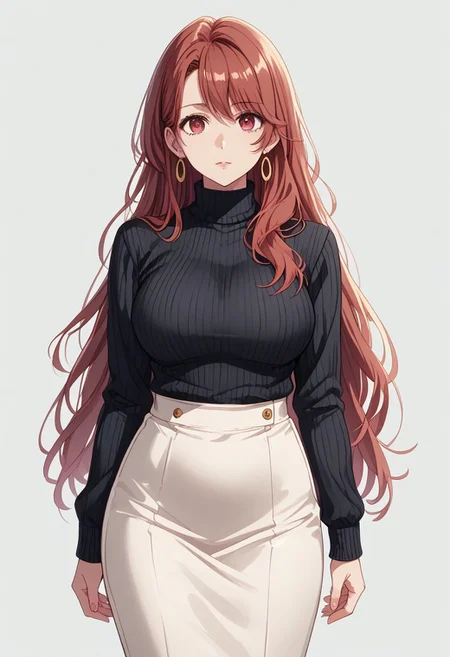 safe_pos, score_9, score_8_up, score_7_up, (masterpiece, detailed:1.2), (best quality:1.2), (High Resolution), (More Details), (8K), (High Resolution), female focus, sharp focus, newest, ultra-detailed, 1girl, solo, mature woman, milf, long hair, red hair, red eyes, large breasts, jewelry, earrings, sweater, turtleneck, hoop earrings, black sweater, skirt, white skirt, various expressions, various poses, full body, front view, simple background, white background, 