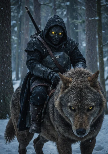 highly detailed digital artwork depicting a dark and foreboding scene in a snow-covered forest. The central figure is a hooded warrior, dressed in dark, rugged clothing, including a hooded cloak and a chest plate. The warrior's face is obscured by a dark hood, but their eyes glow a menacing yellow, adding an eerie presence. They are armed with a long sword strapped across their back. The warrior is riding a large, wild-looking wolf with fur that is a mix of gray and brown, and the wolf's eyes also glow a matching yellow. The wolf's fur is thick and appears to be wet, suggesting recent snowfall. The background is filled with tall, shadowy trees and a blanket of snow, with snowflakes falling gently, adding to the cold, wintry atmosphere. The overall color palette is dominated by shades of gray, blue, and black, enhancing the dark and mysterious mood of the scene. The textures of the clothing and fur are highly detailed, adding a sense of realism and depth to the artwork. The image conveys a sense of adventure, danger, and the supernatural in a fantastical setting., aidmamjv7 <lora:aidmaMJv7-FLUX-v0.1:0.8>