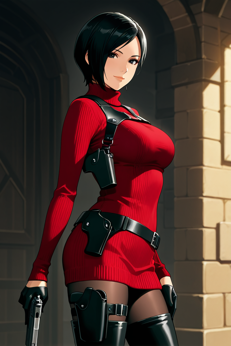 <lora:ada_wong_re_illus:0.7> ada wong, black hair, short hair, black eyes, large breasts, red sweater, turtleneck, chest harness, pantyhose, black gloves, half gloves, black belt, pistol holster, 1girl, solo, looking at viewer, smile, thighhighs, jewelry,  standing, weapon, boots, belt, black footwear, lips, gun, thigh boots, bob cut, high heel boots, sweater dress, thigh holster,  shoulder holster, black thighhighs, anime coloring, pistol holster on belt, medieval cities, more detail, cowboy shot, side view,