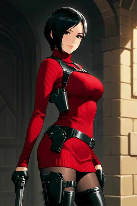 <lora:ada_wong_re_illus:0.7> ada wong, black hair, short hair, black eyes, large breasts, red sweater, turtleneck, chest harness, pantyhose, black gloves, half gloves, black belt, pistol holster, 1girl, solo, looking at viewer, smile, thighhighs, jewelry, standing, weapon, boots, belt, black footwear, lips, gun, thigh boots, bob cut, high heel boots, sweater dress, thigh holster, shoulder holster, black thighhighs, anime coloring, pistol holster on belt, medieval cities, more detail, cowboy shot, side view,