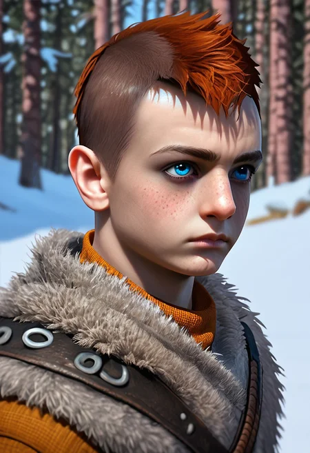 1boy, male focus, solo focus, Atreus, grey fur tunic, ginger hair, pale blue eyes, undercut, brown fur boots, snowy forest,