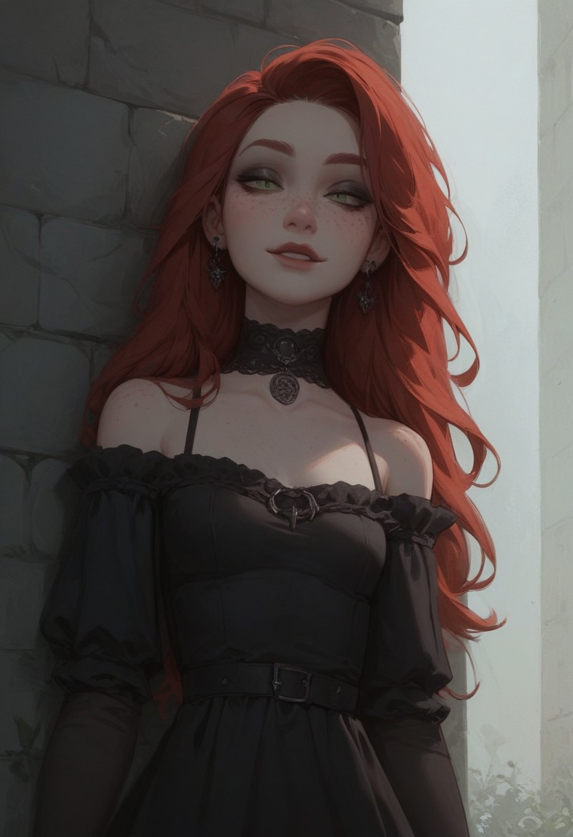 score_9, score_8_up, score_7_up, Expressive, 1girl, solo, red hair, long hair, freckles, green eyes, pale skin, small breasts, goth, seductive smile, black sundress, high res image, masterpiece, outdoors,