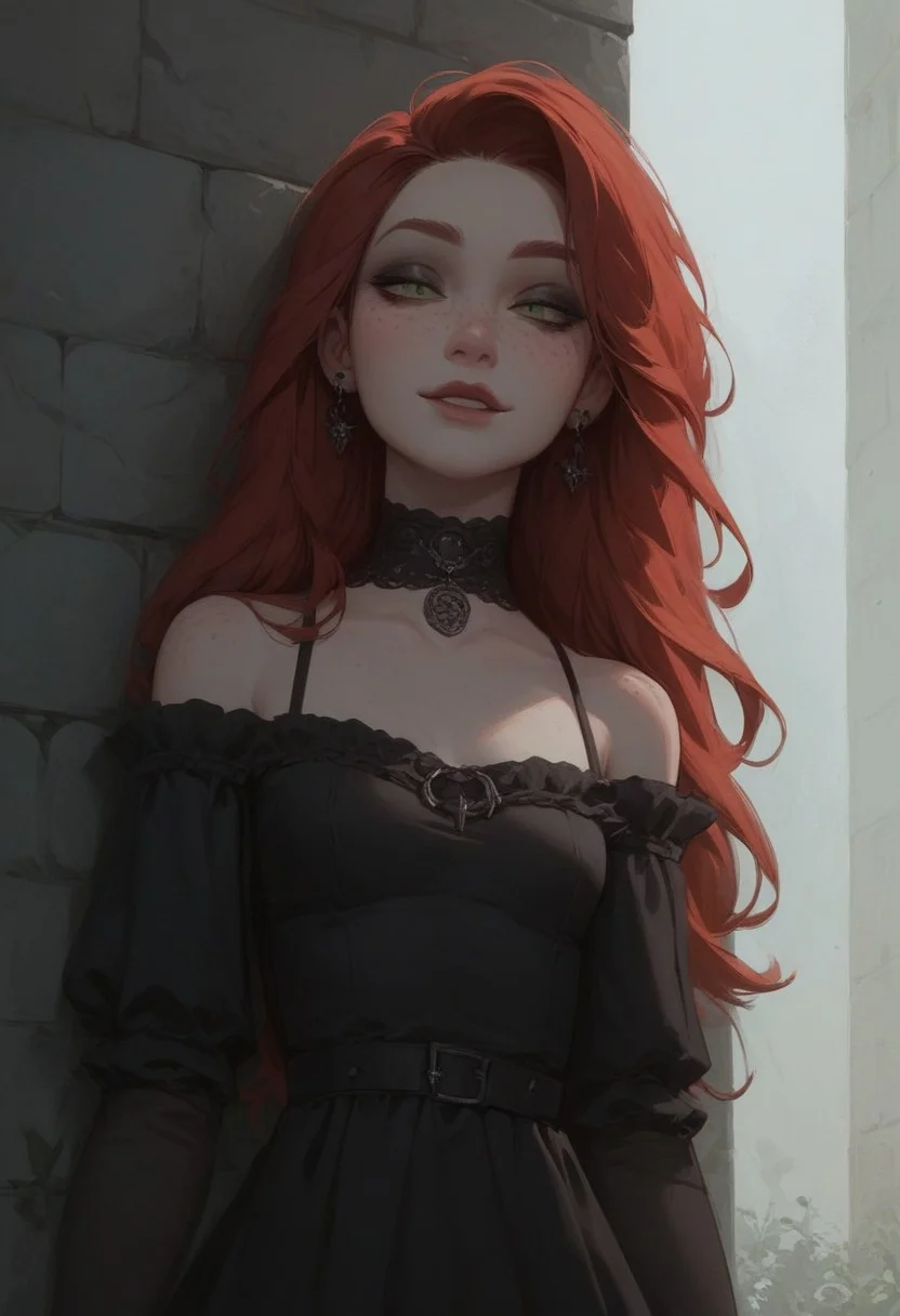 score_9, score_8_up, score_7_up, Expressive, 1girl, solo, red hair, long hair, freckles, green eyes, pale skin, small breasts, goth, seductive smile, black sundress, high res image, masterpiece, outdoors,