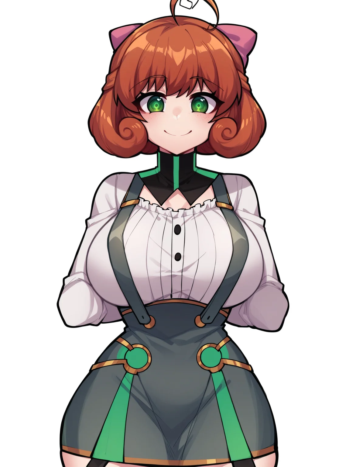 score_9, score_8_up, score_7_up, score_6_up, score_5_up, score_4_up, simple background, gradient background, white background, BREAK source_anime, BREAK 1girl, solo, smile, underbust, suspenders, huge breasts, wide hips, (skinny, thin waist:1.2), Penny Polendina, short hair, gorget, neon trim, grey dress, short dress, pencil skirt, gold trim, white blouse, long sleeves, pink bow, <lora:PennyPolendinaPDXL:1.0> <lora:Osiimi-v1-PDXL:1>