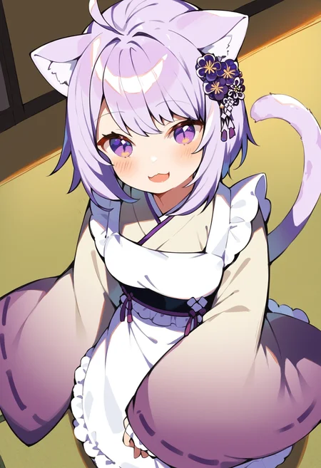 score_9, score_8_up, score_7_up, score_6_up, source anime,
nekomata okayu, nekomata okayu newyear, japanese clothes, kimono, white apron, purple kimono, hair flower, long sleeves, maid, wa maid, sleeves past wrists, frilled apron, purple sleeves,
official alternate costume, 1girl, solo, cat tail,
blush, looking at viewer, smile, open mouth,
indoors, shouji, tatami,
from above , cowboy shot
<lora:nekomata_okayu_v2:1>
